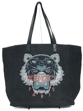 Kenzo Black Tote with Blue and Coral Embroidered Tiger